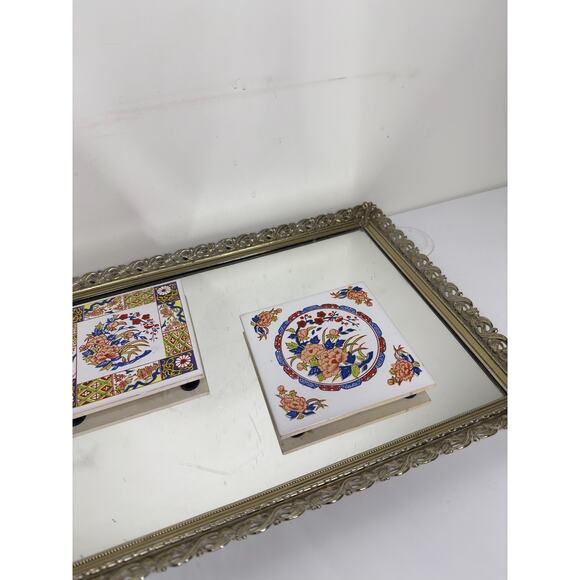 Set of Two Vintage Chinoiserie Style Coasters Trivets Tiles w/ Feet Floral - Picture 10 of 10